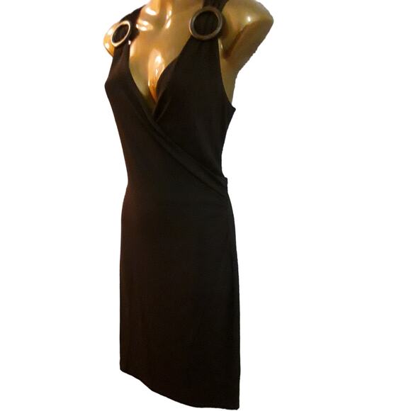 Michael Kors Sz. 8 Brown Wrap Style Bodycon Dress with Wood Circle Detail - Picture 5 of 7